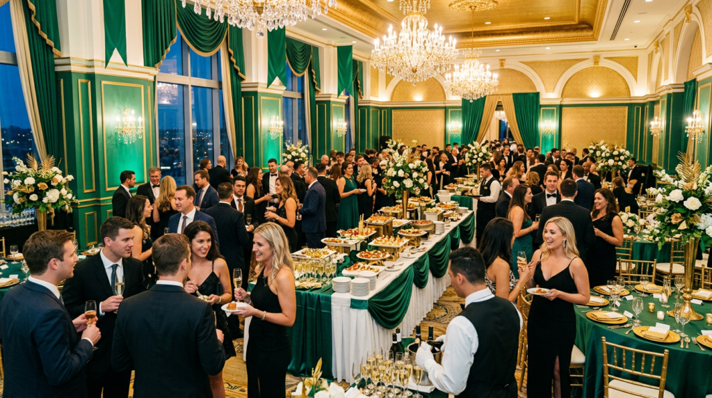 Formal event banquet with guests mingling, green table settings, and elegant decor